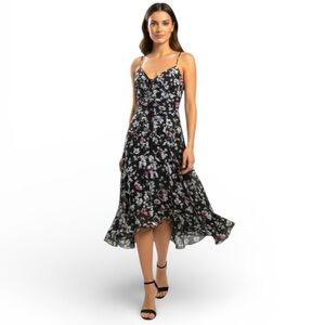Parker Black Floral Asymmetrical Midi Dress Size 6 Handkerchief Hem Wedding
